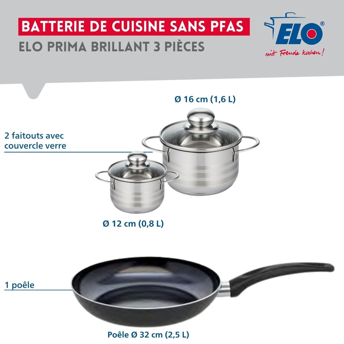Batterie 1 poêle 32cm + 2 faitouts 12/16cm PRIMA BRILLANT noir, ELO