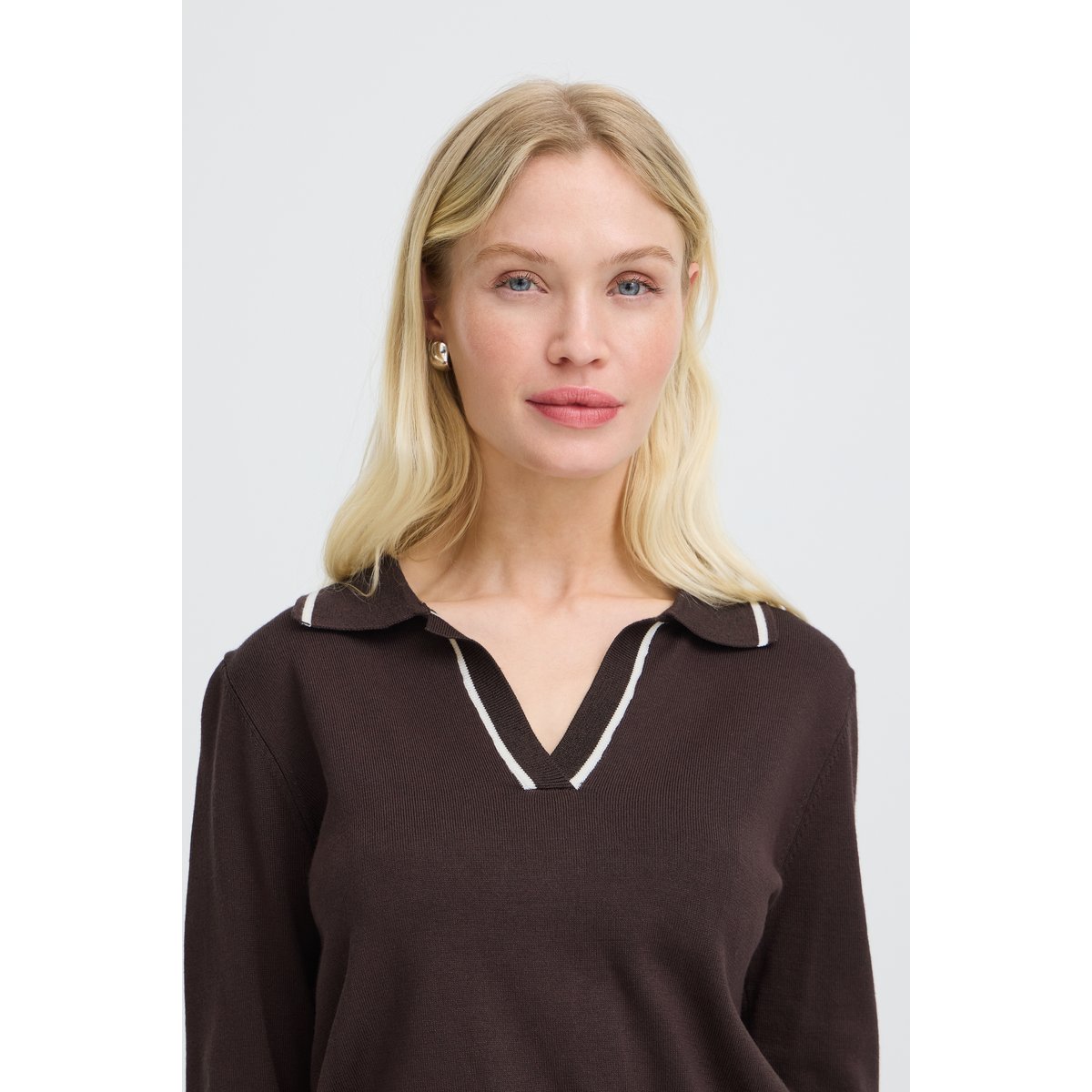 Blouse manches longues, col polo marron java, B.YOUNG