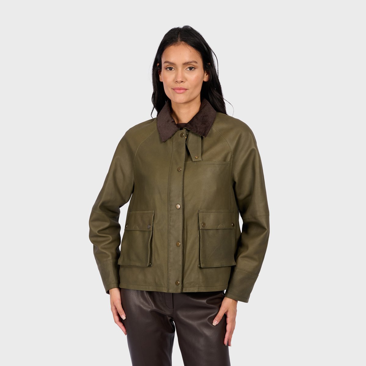 Veste en cuir à manches longues et col à revers MISSOURI kaki, OAKWOOD
