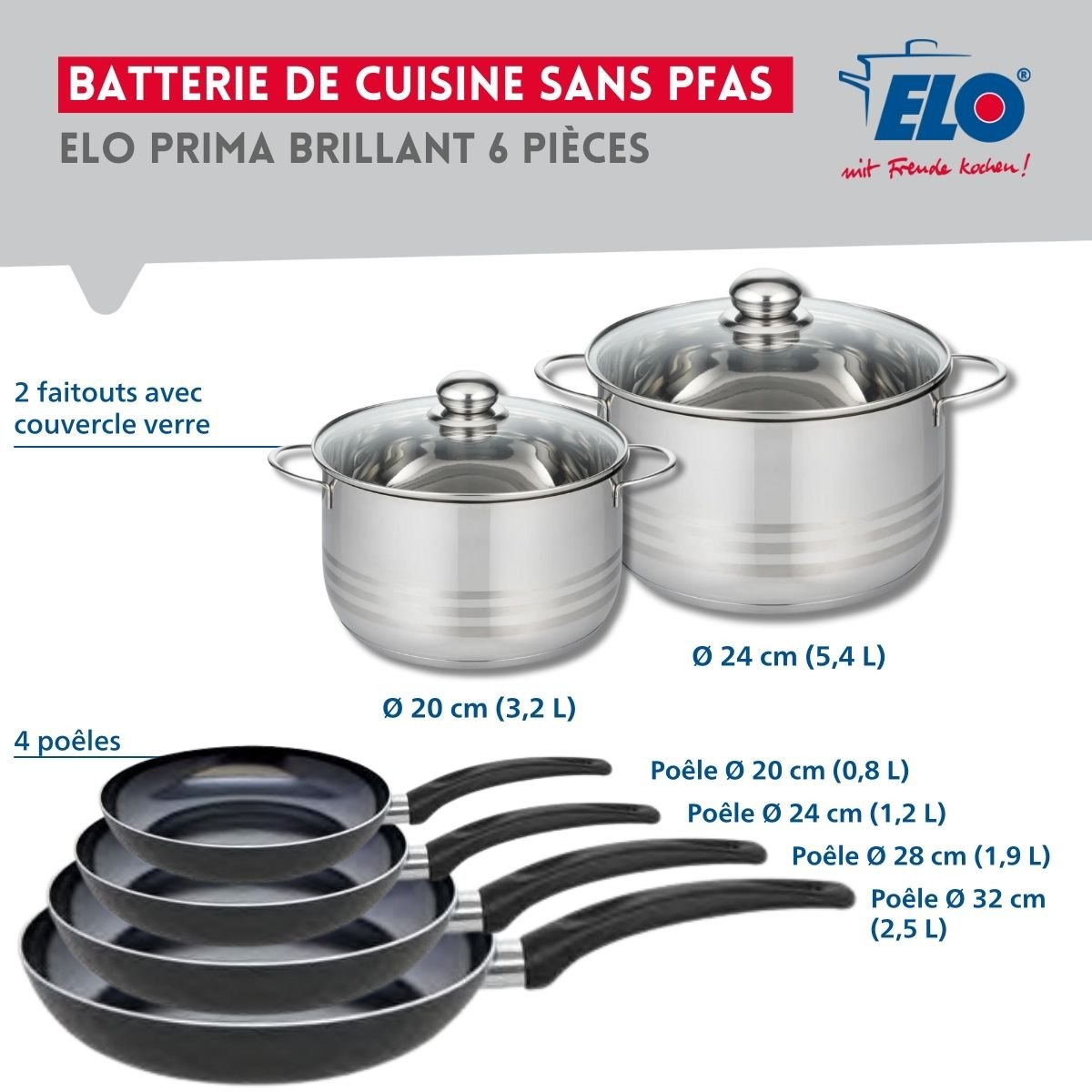 4 poêles 20/24/28/32cm + 2 faitouts 20/24cm PRIMA BRILLANT noir, ELO