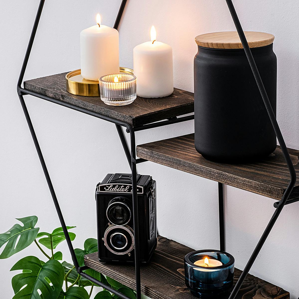 Étagère noire décorative hexagone décor bois foncé JENA marron, PIER IMPORT
