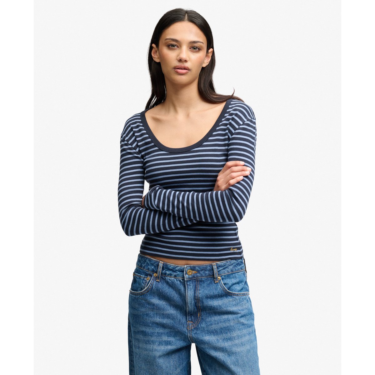 Haut à Manches Longues Rayé Athletic Essentials rayé bleu marine éclipse, SUPERDRY