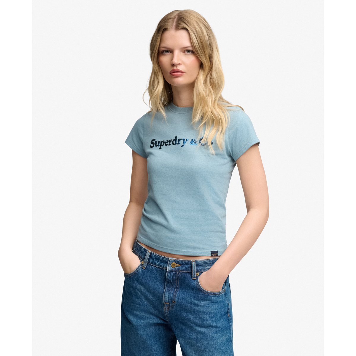 T-shirt Company Logo Sequin Coupe Ajustée bleu délavé chiné, SUPERDRY