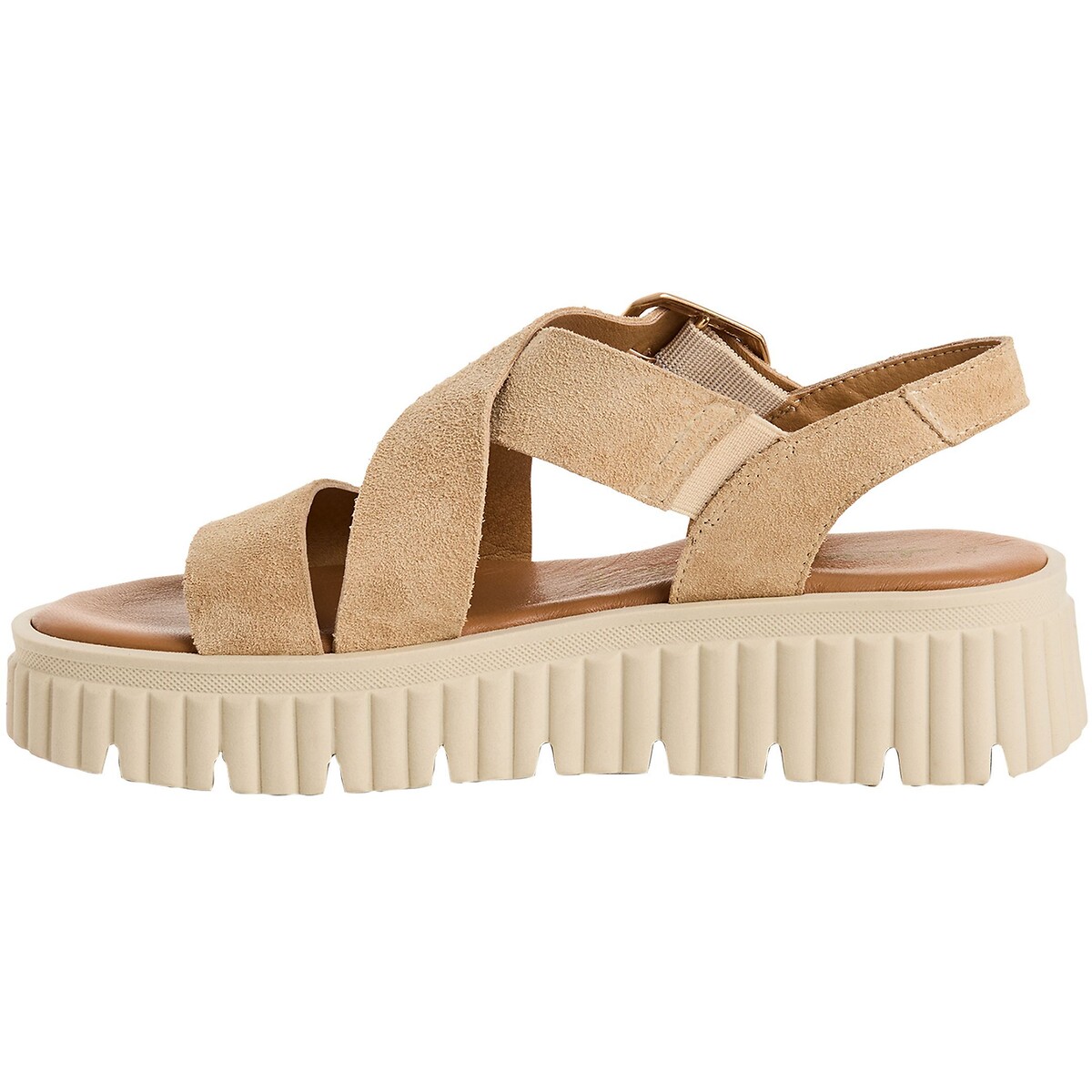 Sandales compensées en cuir beige, TAMARIS