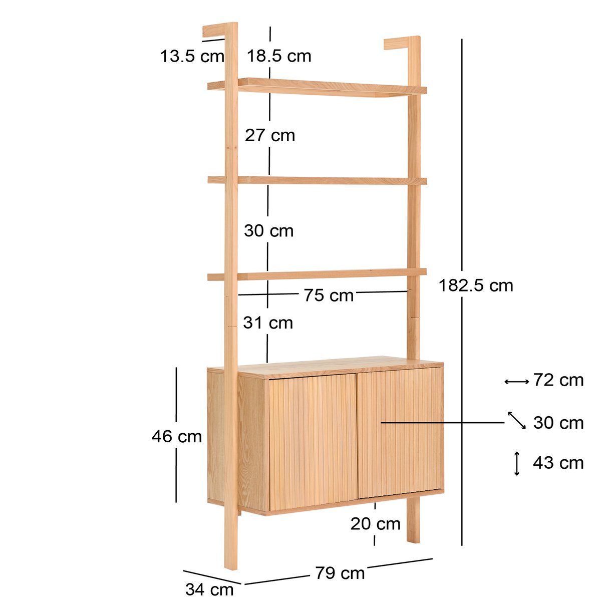 Etagère 3 niveaux + 2 rangements, bois, ETOSHA bois naturel, NORDLYS