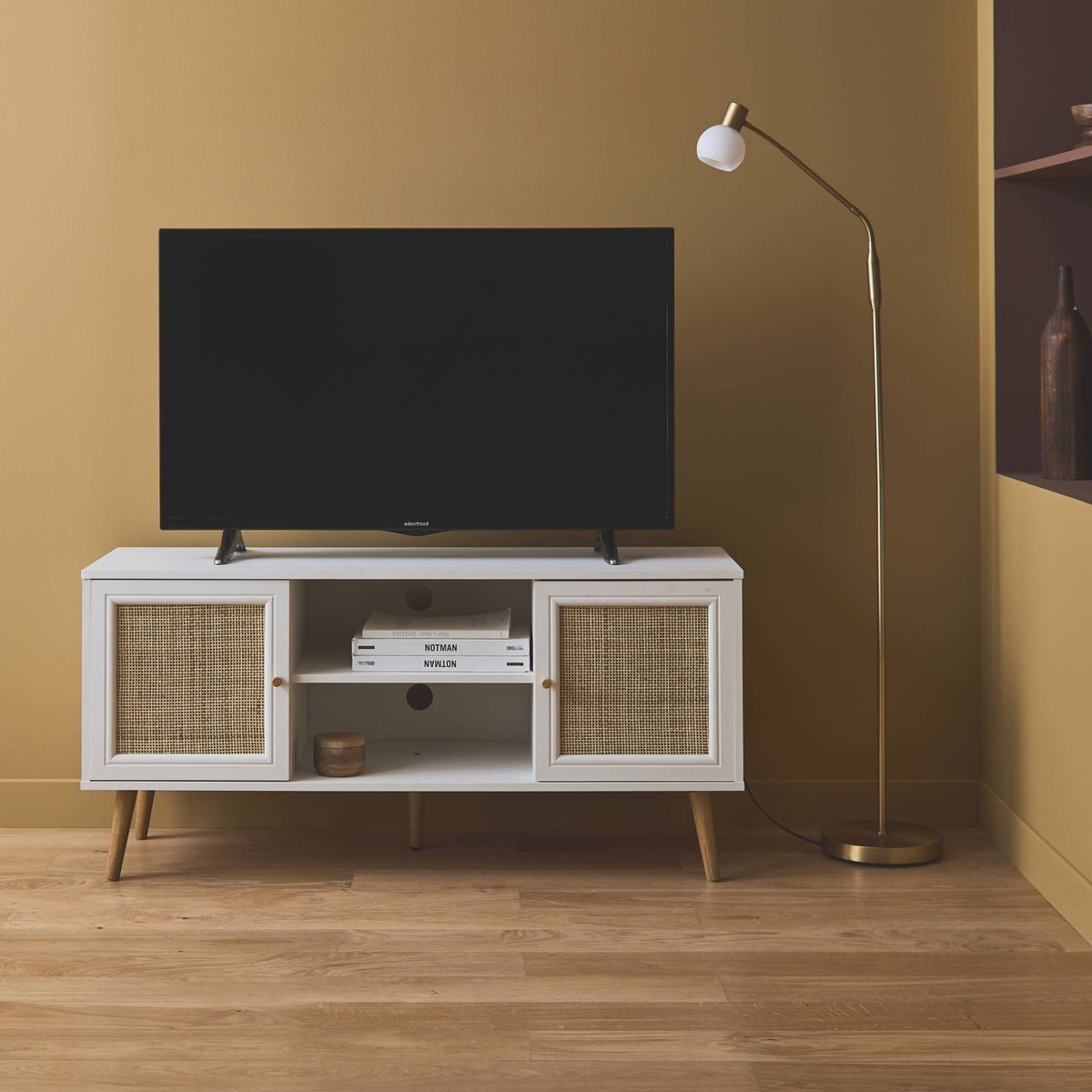 Meuble TV scandinave cannage 2 portes 120cm BOHÈME naturel, SWEEEK