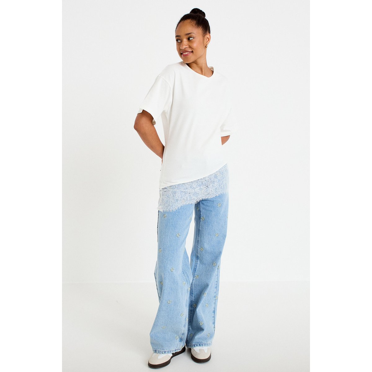 Jean wide leg taille haute brodé bleu, CACHE CACHE