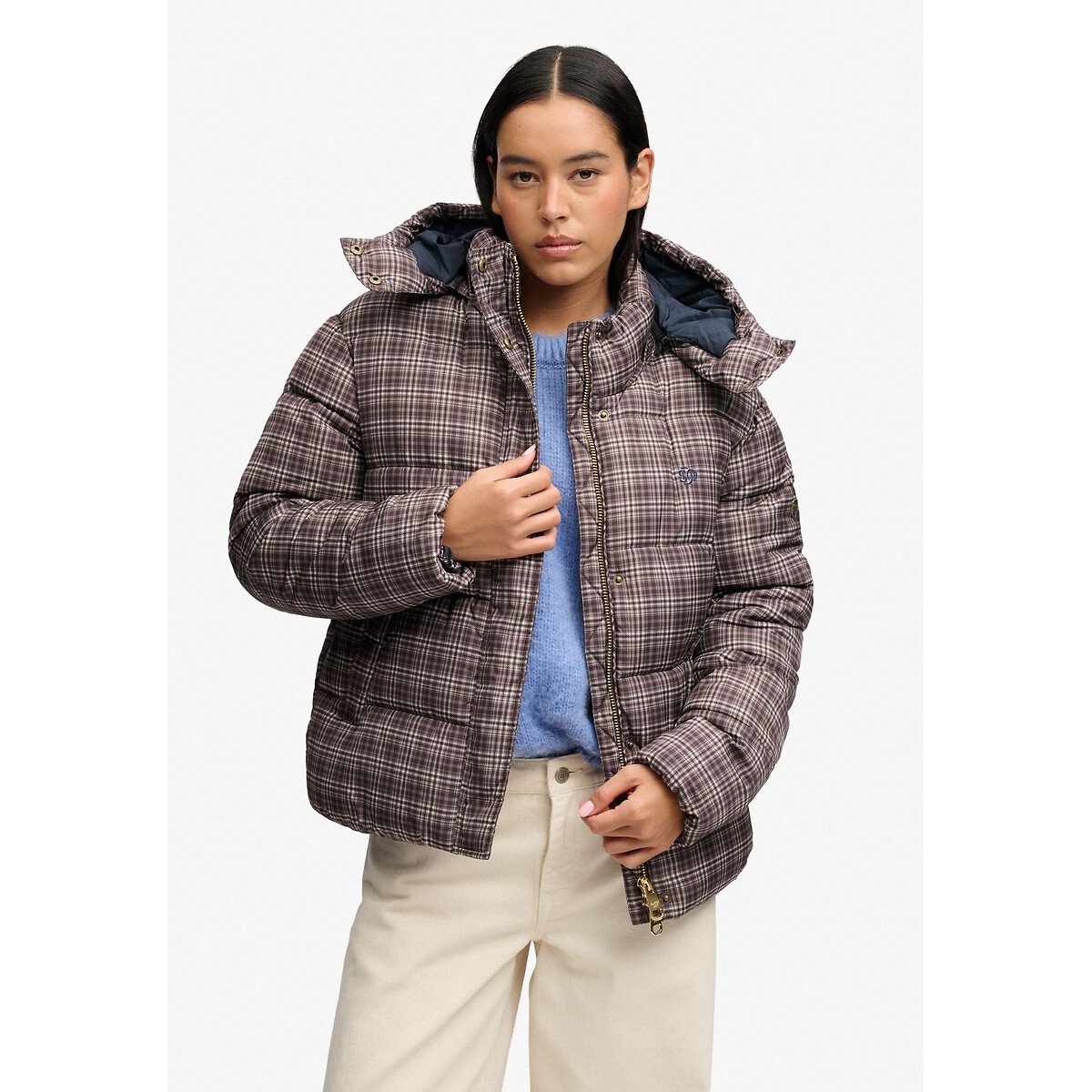 Blusão acolchoado com padrão xadrez premium quadrados castanho, SUPERDRY
