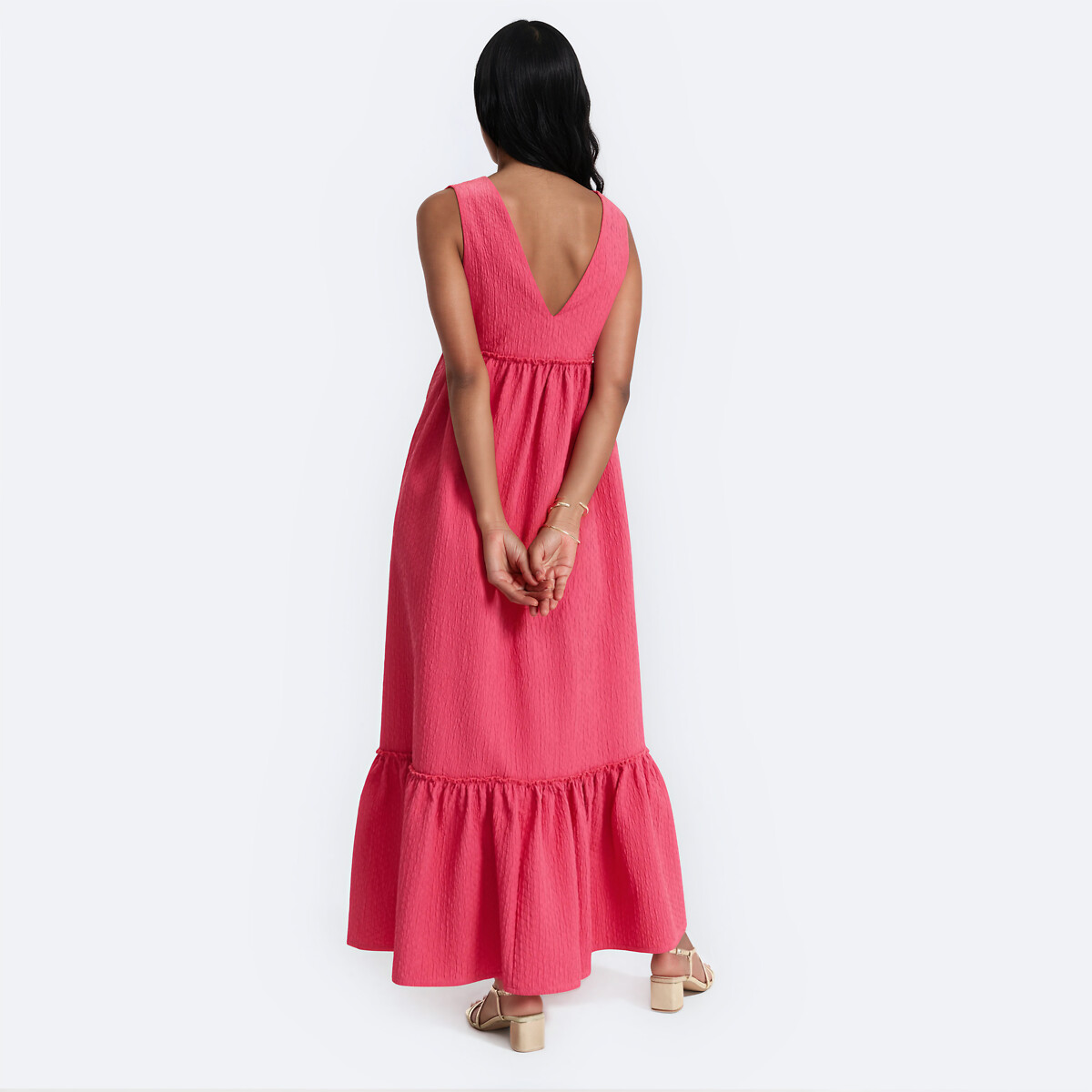 Vestido comprido sem mangas com decote em V e folho rosa, LA REDOUTE COLLECTIONS
