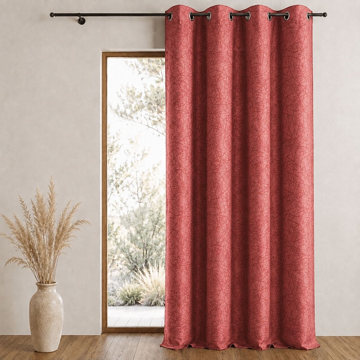 Rideau jacquard à imprimés et rayures verticales rouge orangé, HOME MAISON