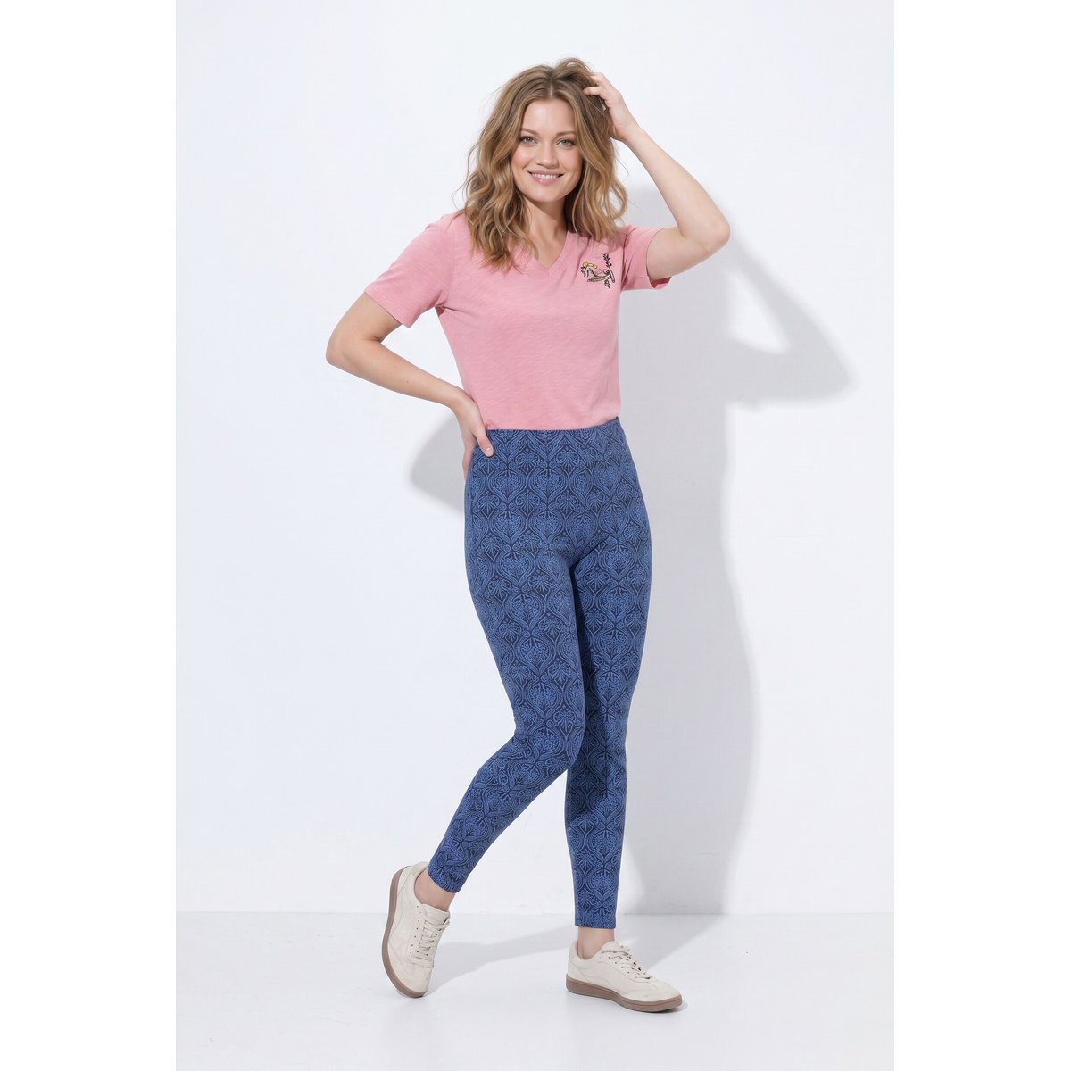 Legging motif fleurs, taille élastique marine, ULLA POPKEN