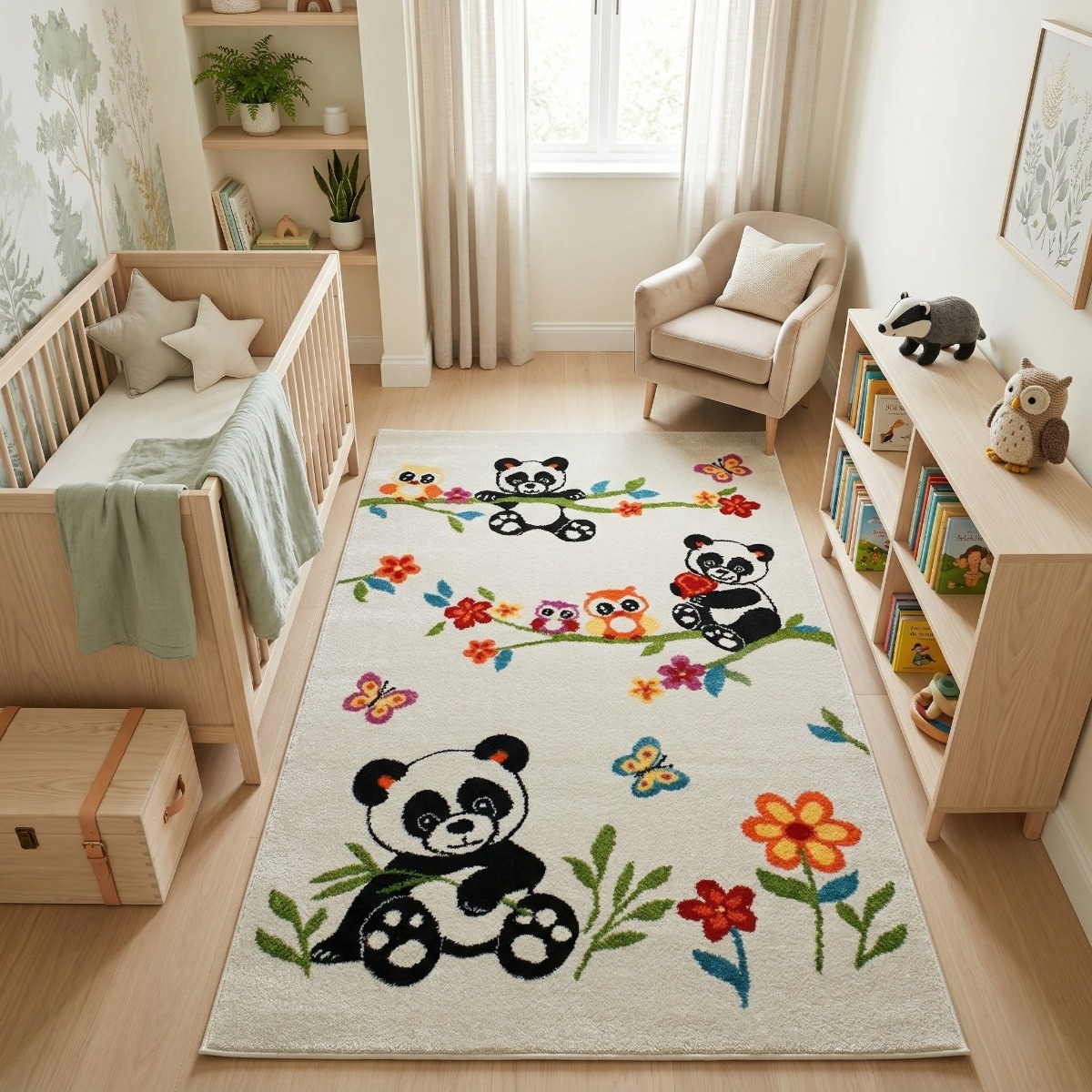 Tapis enfant toucher laineux imprimé pandas FUJI blanc, THE DECO FACTORY