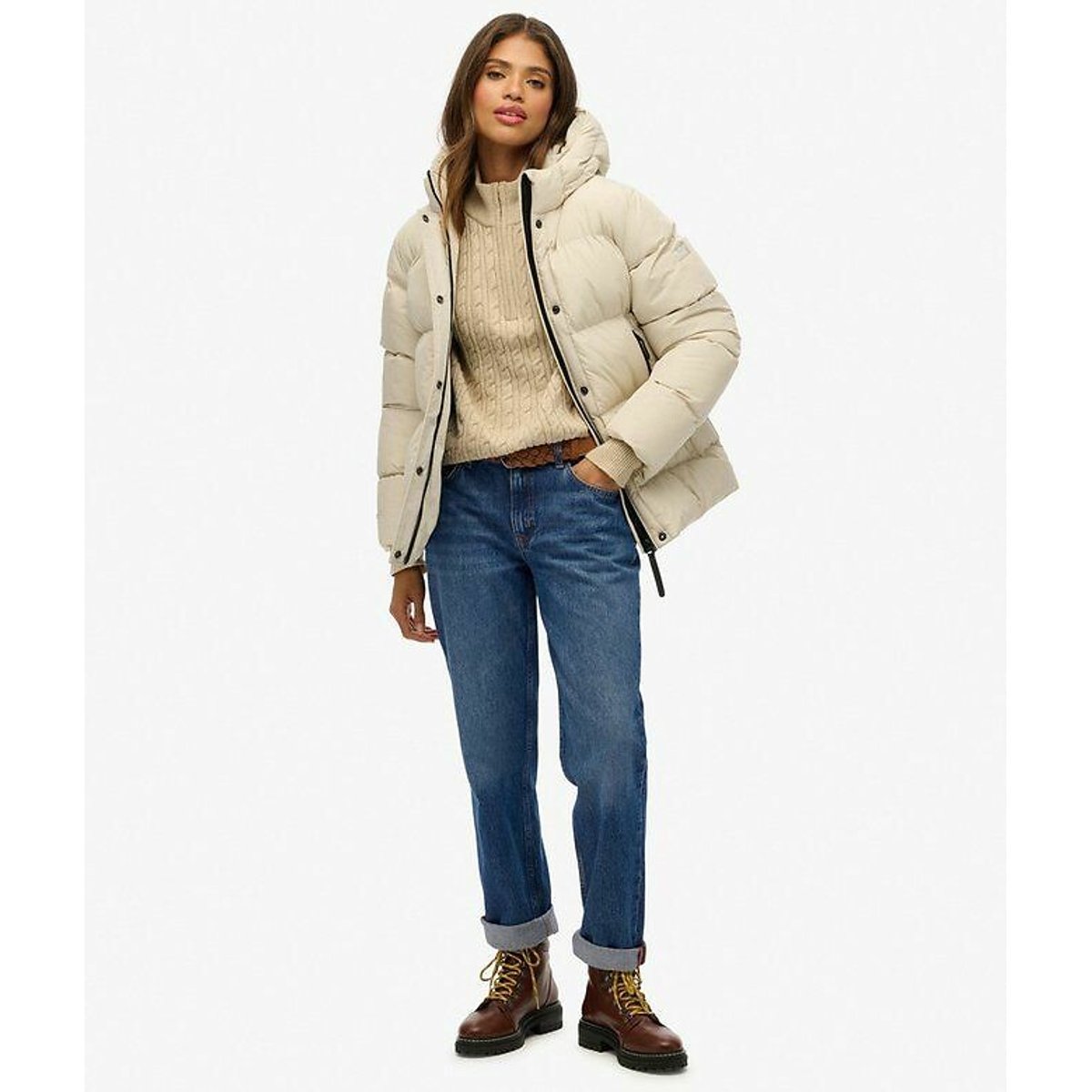 Doudoune à capuche matelassée ecru, SUPERDRY