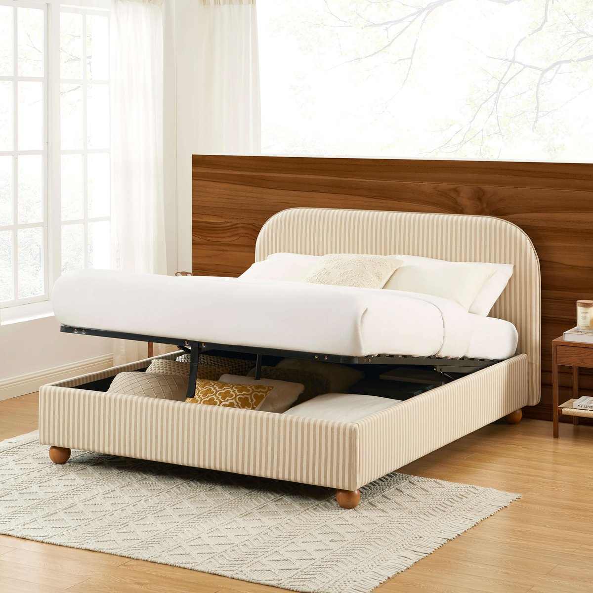 Lit coffre avec sommier relevable PILKA beige et écru, SORELH