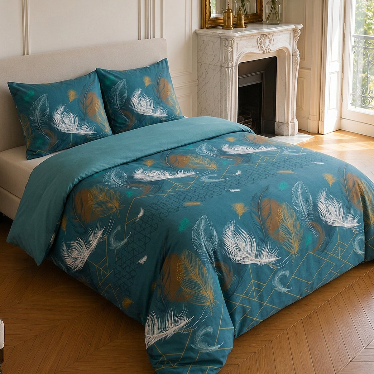 Parure de lit en coton motif tropical, PALOMA bleu, C DESIGN HOME TEXTILE