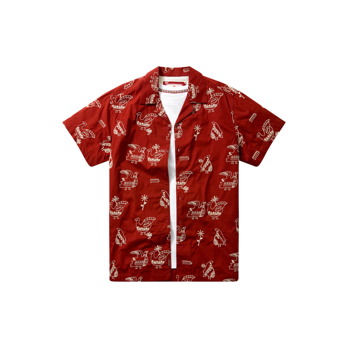 Chemise à col ouvert brodée motif oiseau orange, JOE BROWNS