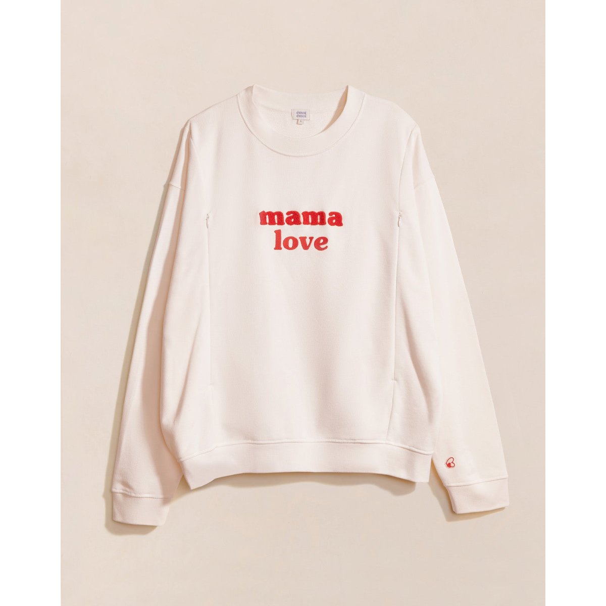 Sweat d'allaitement brodé en coton bio, LOVE ROUGE blanc - crème, EMOI EMOI
