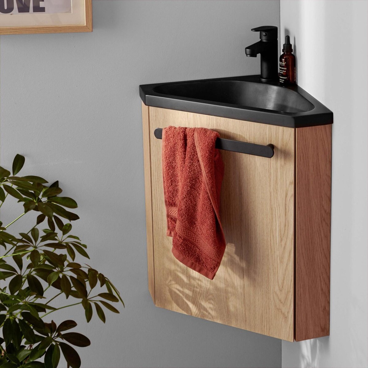 Meuble lave-mains d'angle suspendu SKINO décor chêne (vasque noire), MOB IN