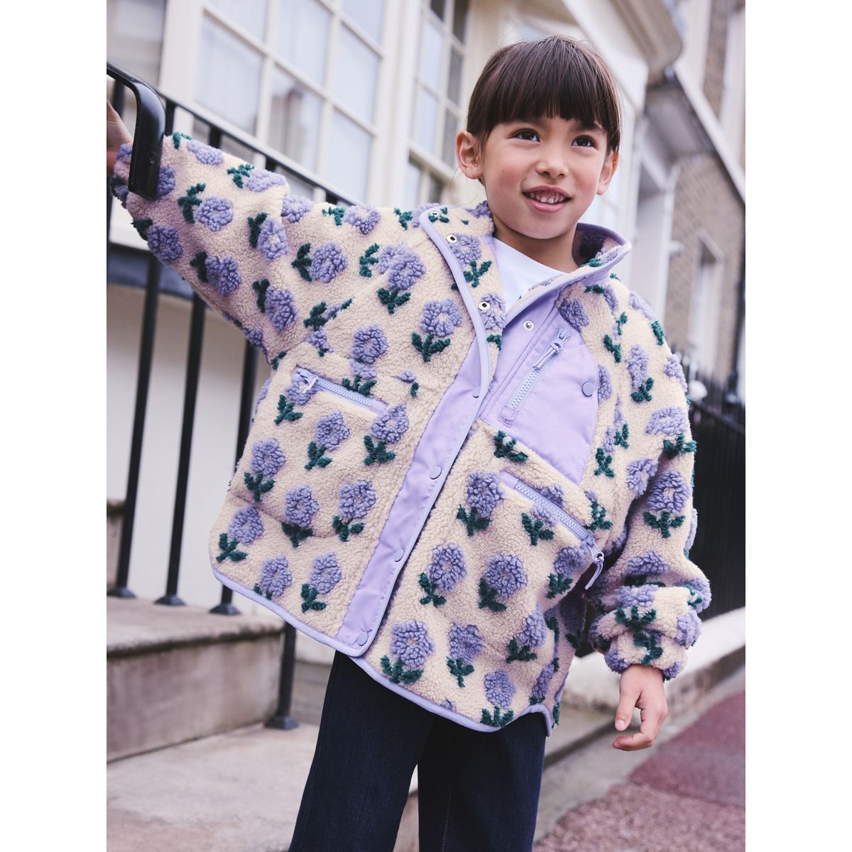 Veste en peau lainée boutonnée motif floral bleu/crème, NEXT