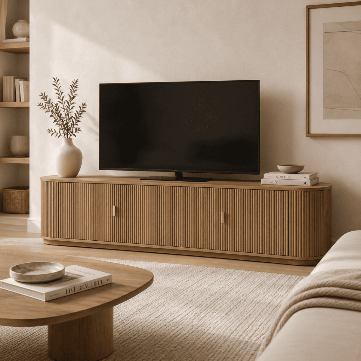 Meuble TV arrondies 4 portes ACHILLE bois clair, CALICOSY