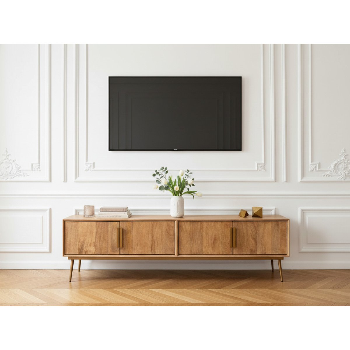 Meuble TV 180 cm bois massif, BRUGES marron clair, BOBOCHIC