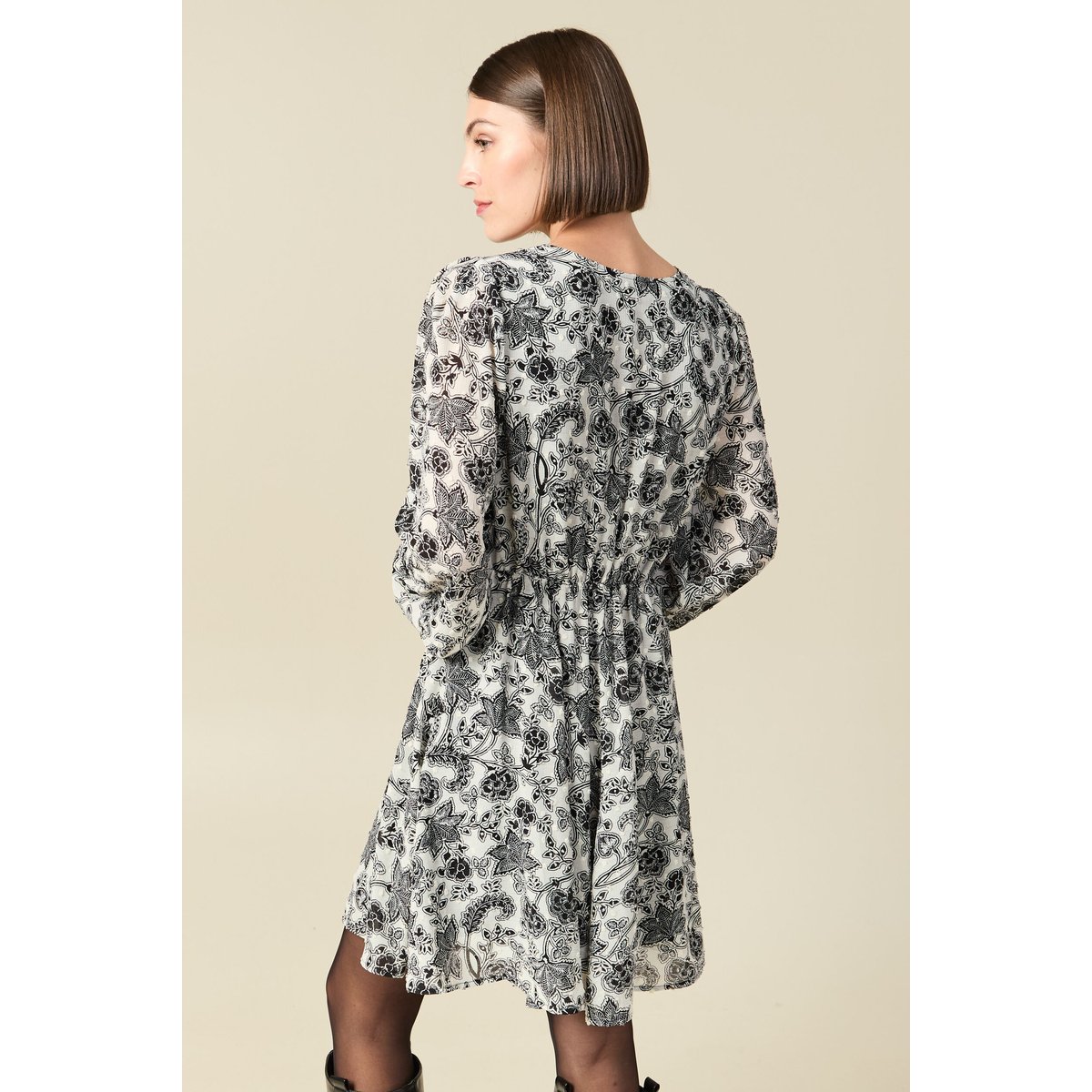 Robe fluide col v manches longues blanc, BONOBO
