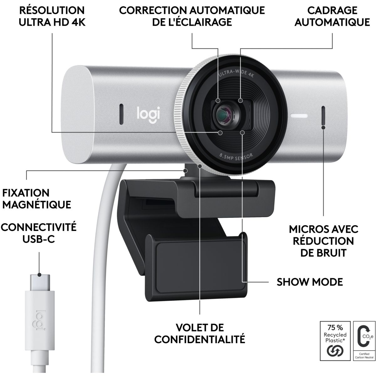 Webcam MX Brio Streaming 4K Gris pale couleur unique, LOGITECH