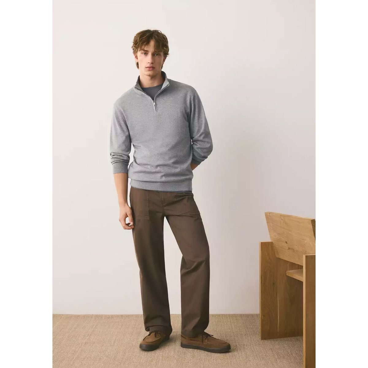 Pull col montant zip gris chiné clair, MANGO TEEN