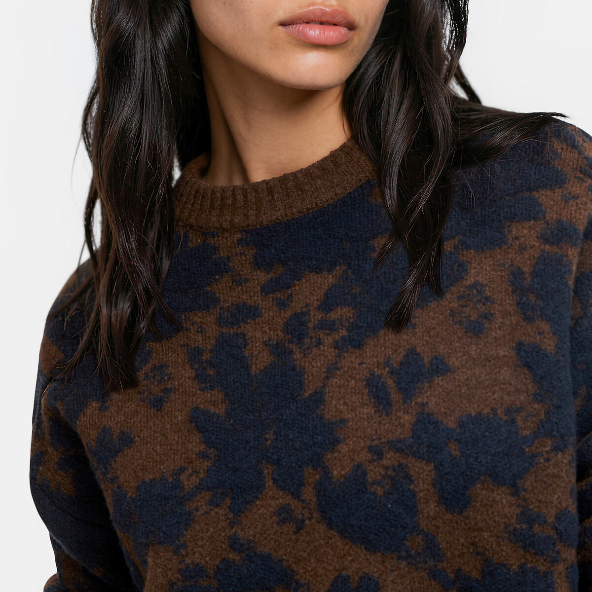 Pull col rond, en jacquard floral marron foncé/imprimé, LA REDOUTE COLLECTIONS
