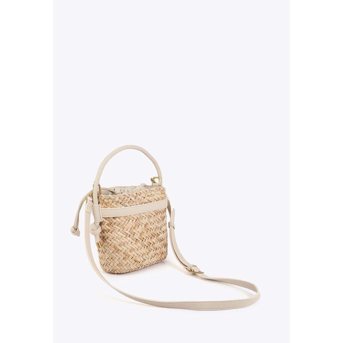Mini panier tressé avec poignées et détails effet cuir ecru, LOLA CASADEMUNT