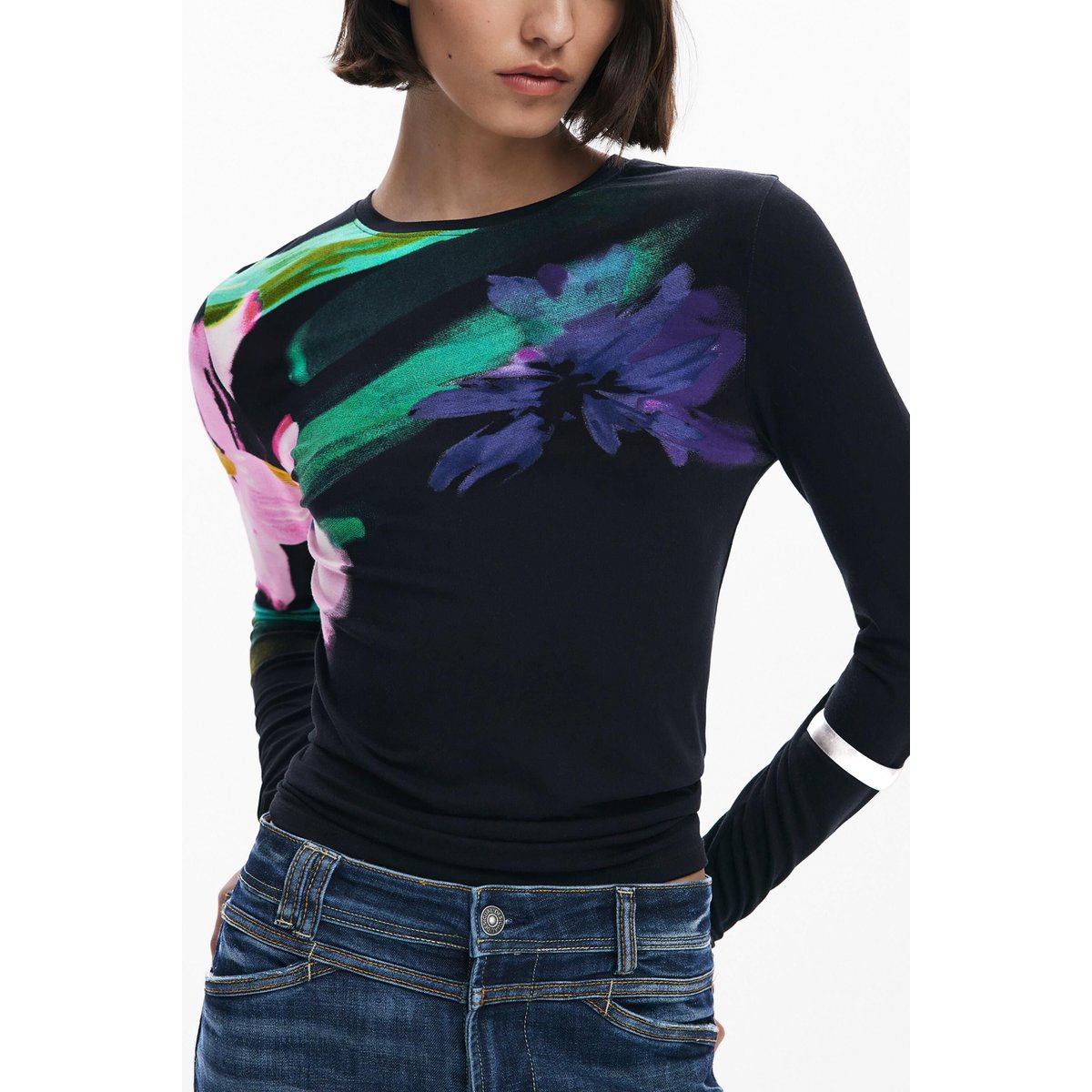 T-shirt à manches longues à fleurs noir, DESIGUAL