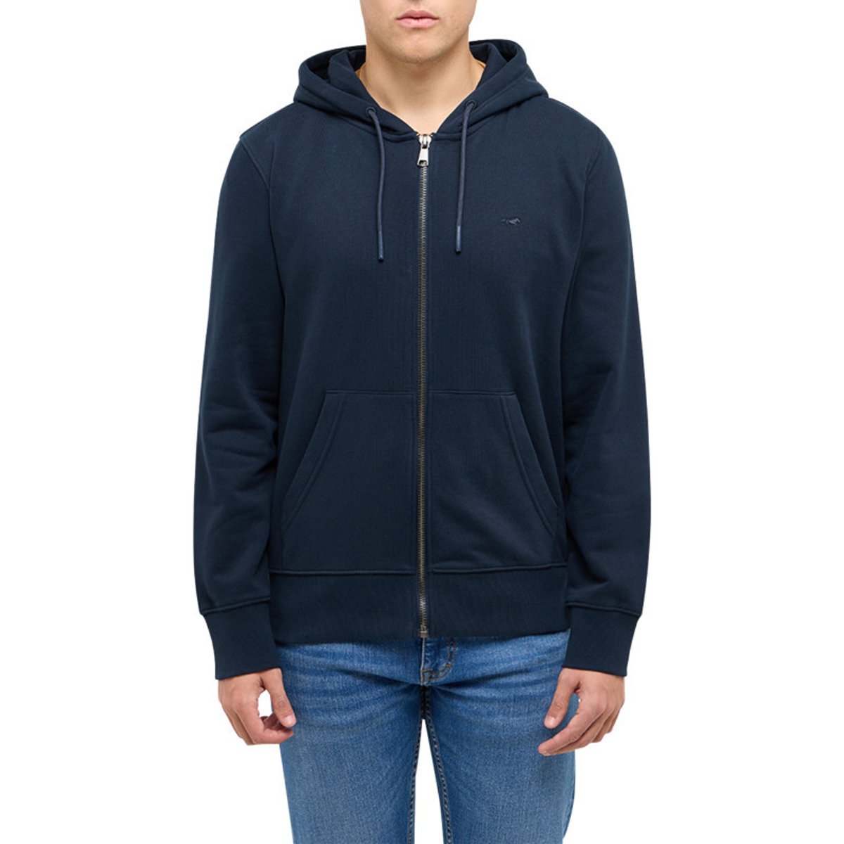 Sweat zippé en coton mélangé marine uni avec une coupe droite et une capuche bleu foncé, MUSTANG