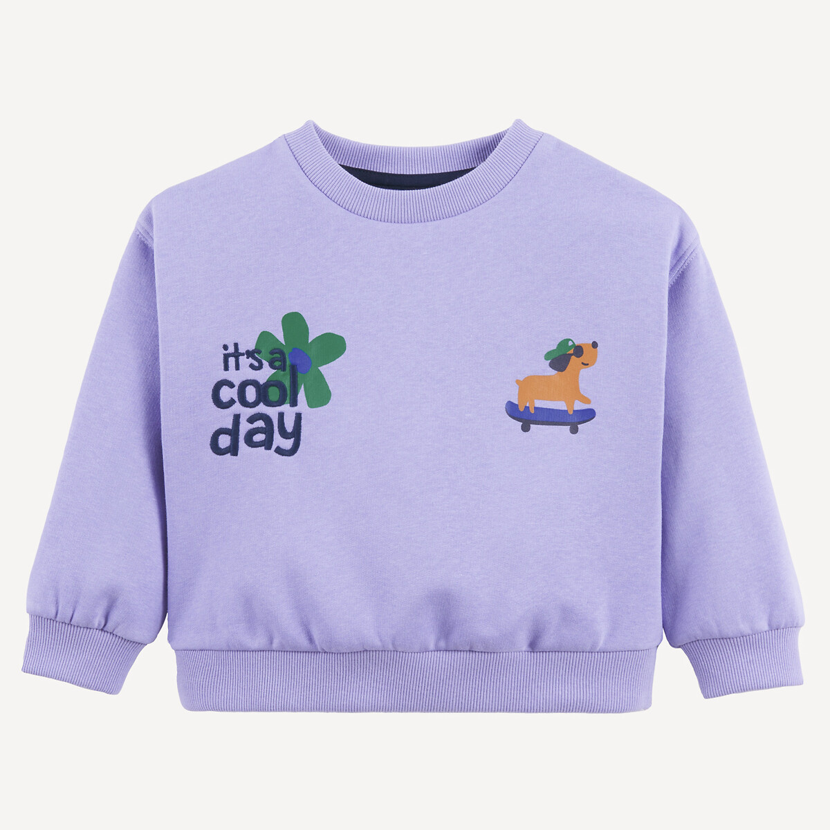 Sweater in molton met ronde hals, tekst en hondenmotief paars, LA REDOUTE COLLECTIONS