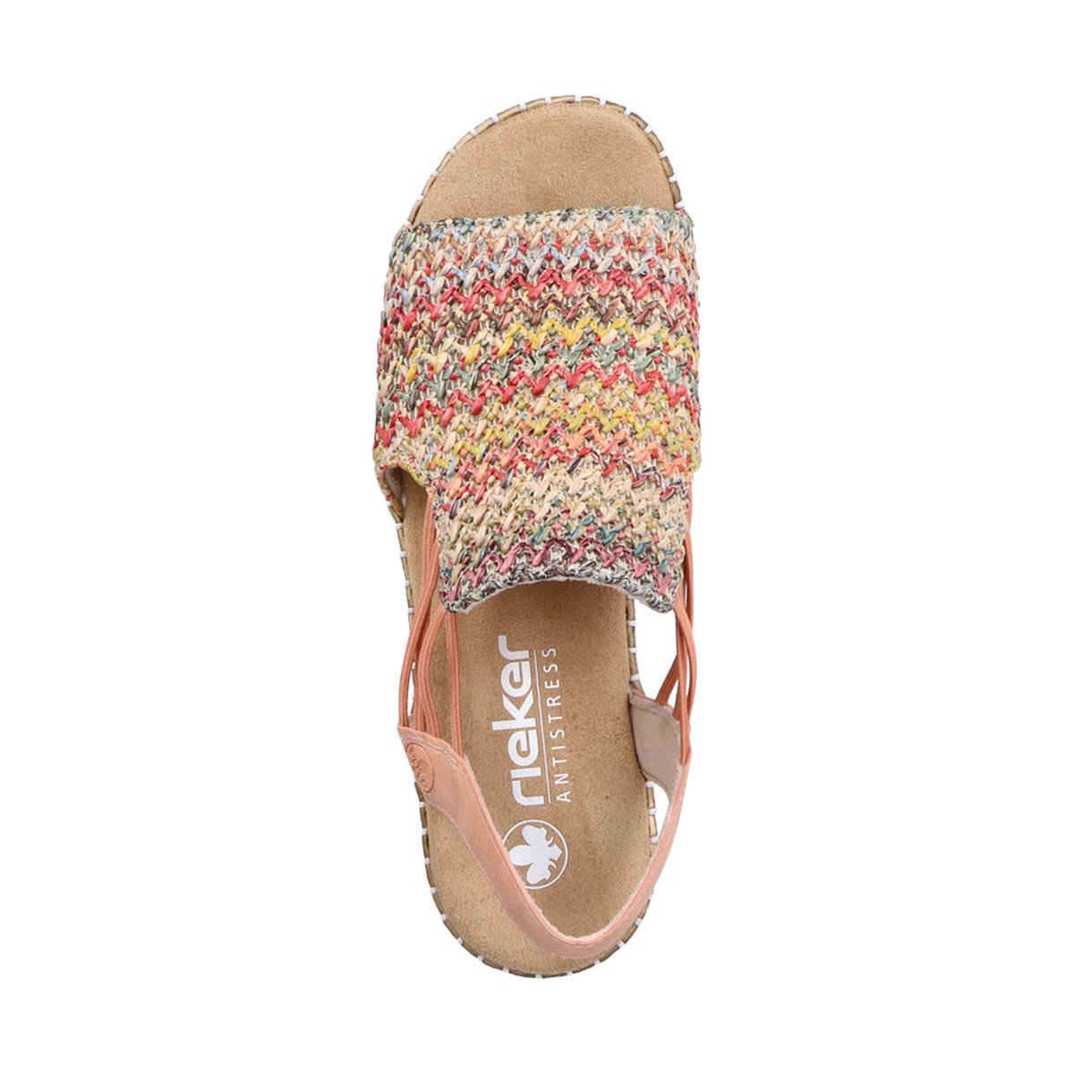 Sandales abricot avec une tige en tressage multicolore et à talon compensé abricot, RIEKER