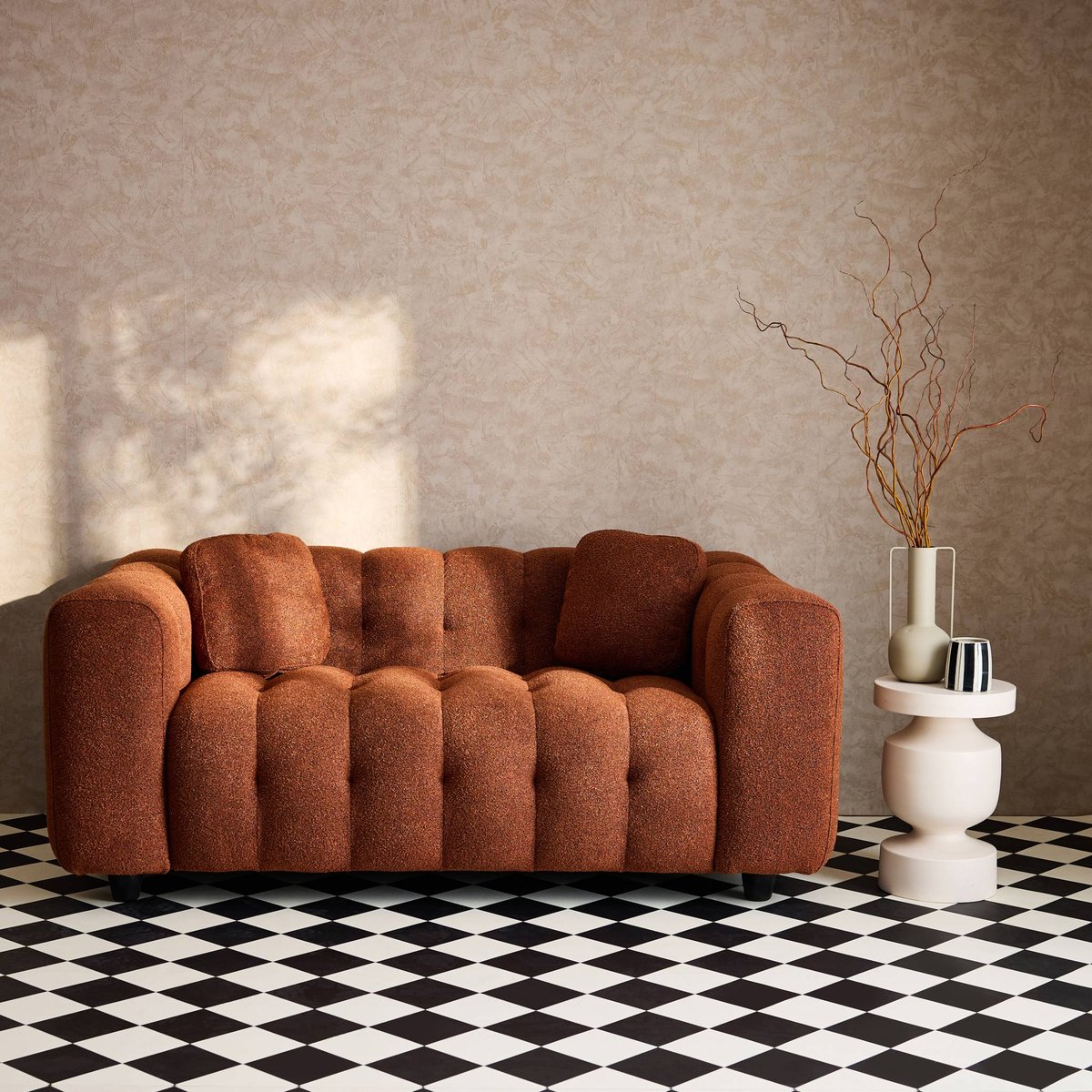 Canapé 2 places bouclette texturée capitonnée LEON terracotta, SWEEEK