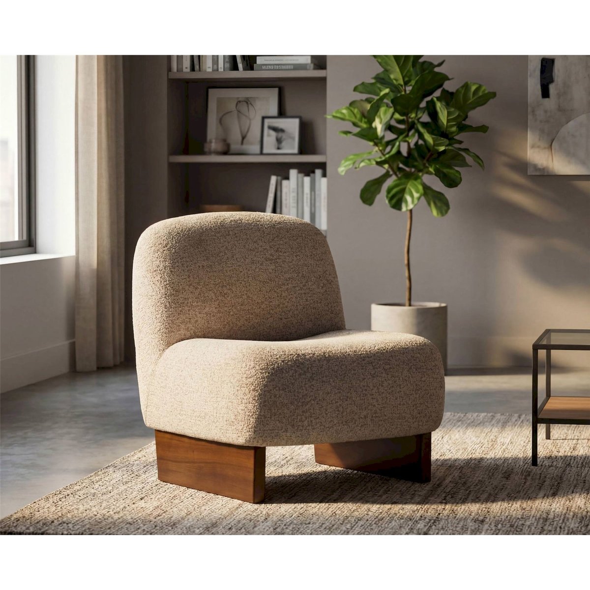 Fauteuil japandi tissu bouclé assise enveloppante beige grisé et marron bois, RECOLLECTION
