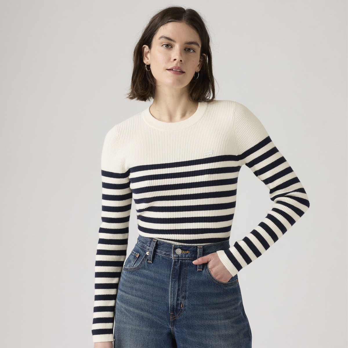 Pull-over col rond maille côtelée bleu - adrienne stripe egret, LEVI'S