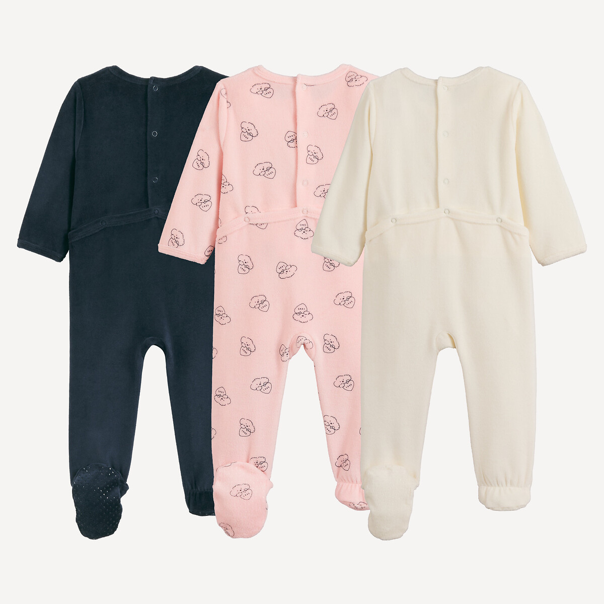 Lot de 3 pyjamas 1 pièce, en velours, motifs coeur et chien marine + rose + écru, LA REDOUTE COLLECTIONS