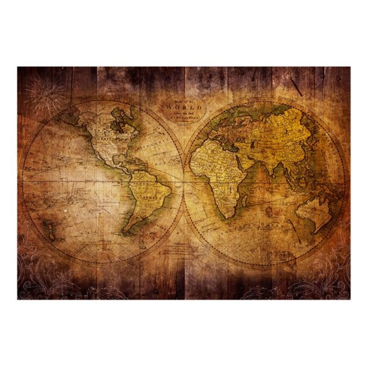 Papier peint intissé panoramique Carte du monde World on old map vert, EDEN