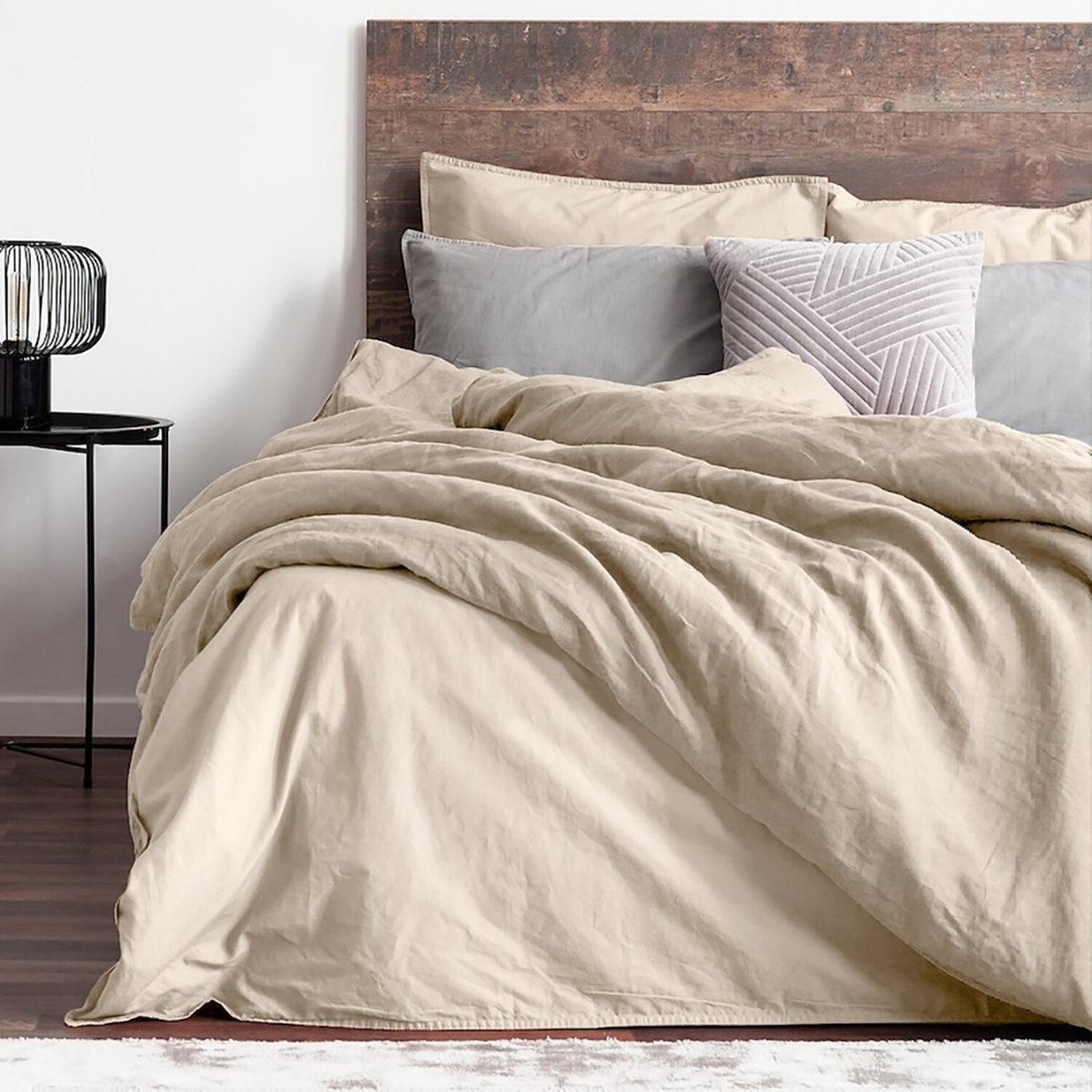 Parure housse de couette en coton et lin unie, LYNN sable, C DESIGN HOME TEXTILE