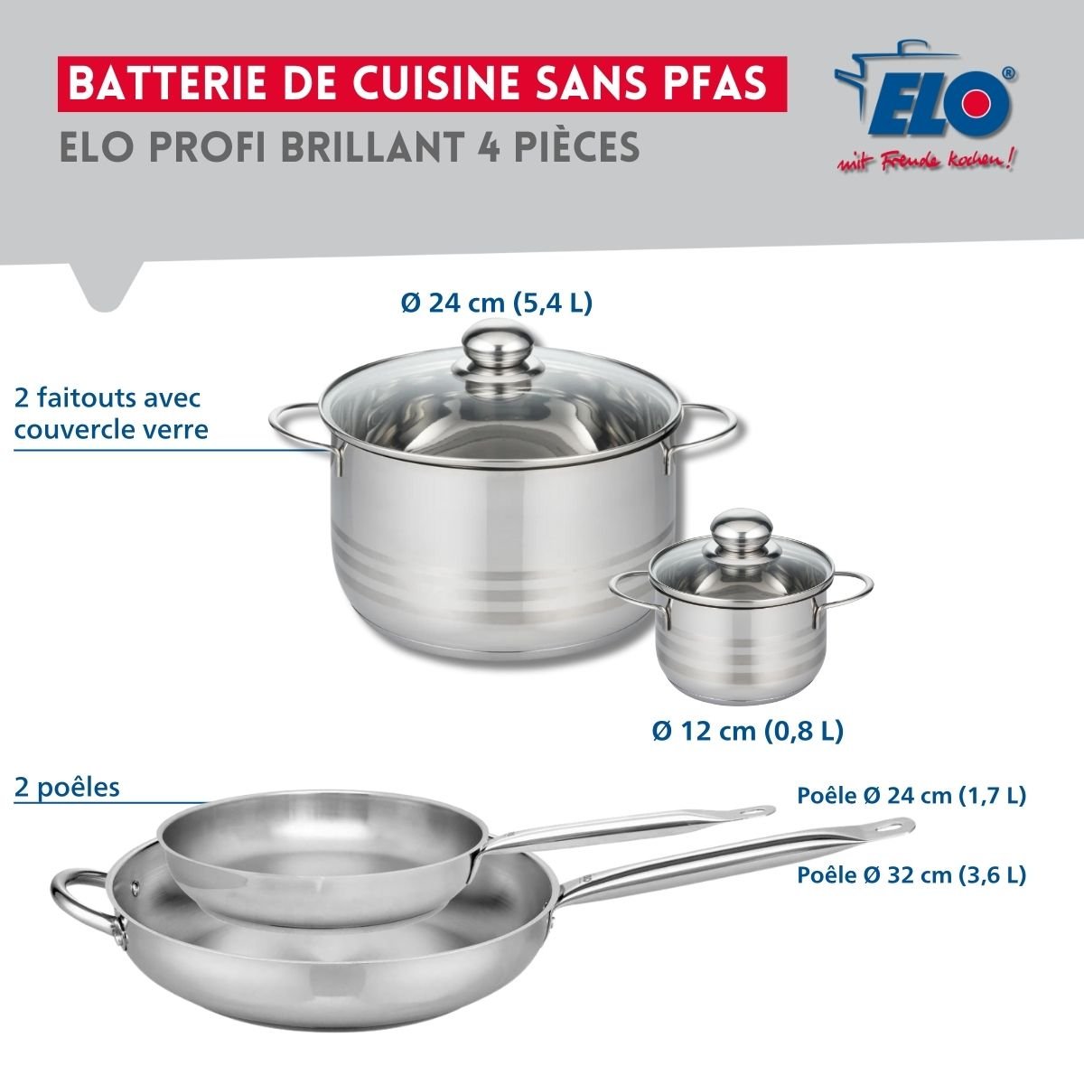 Batterie 2 poêles 24/32cm + 2 faitouts 12/24cm PROFI BRILLANT gris, ELO