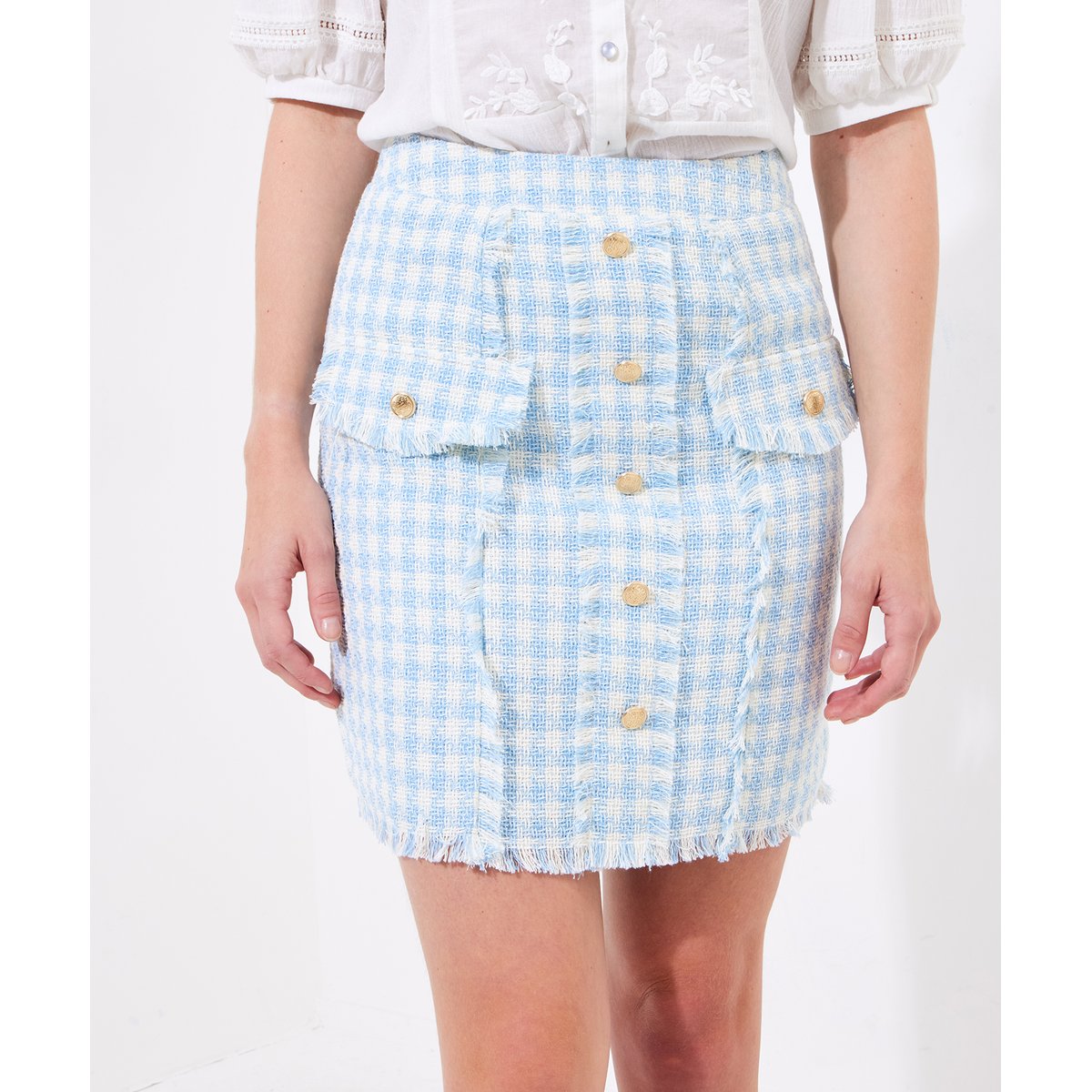 Jupe Mini Carreaux et Bouton Fantaisie bleu, JOE BROWNS