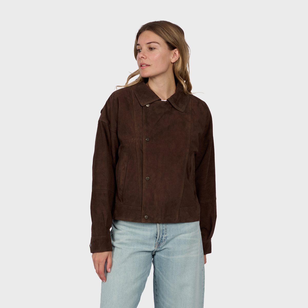 Blouson en cuir suède à col chemise RIVIERA chocolat, OAKWOOD
