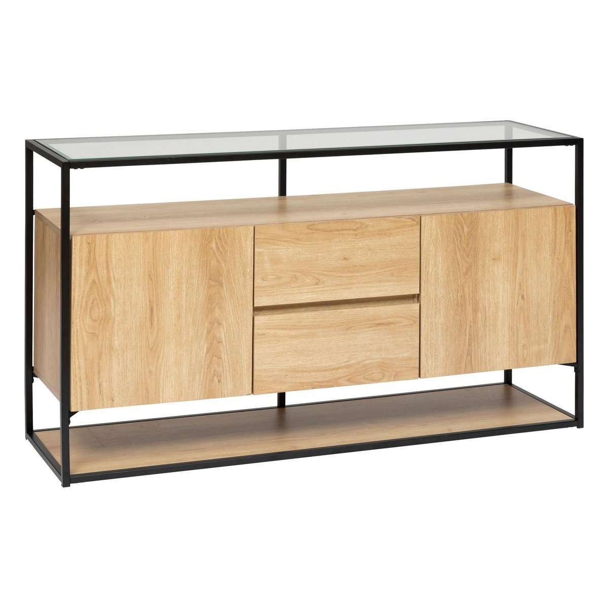 Buffet 2 portes et 2 tiroirs effet bois et verre ALDEA beige, ATMOSPHERA