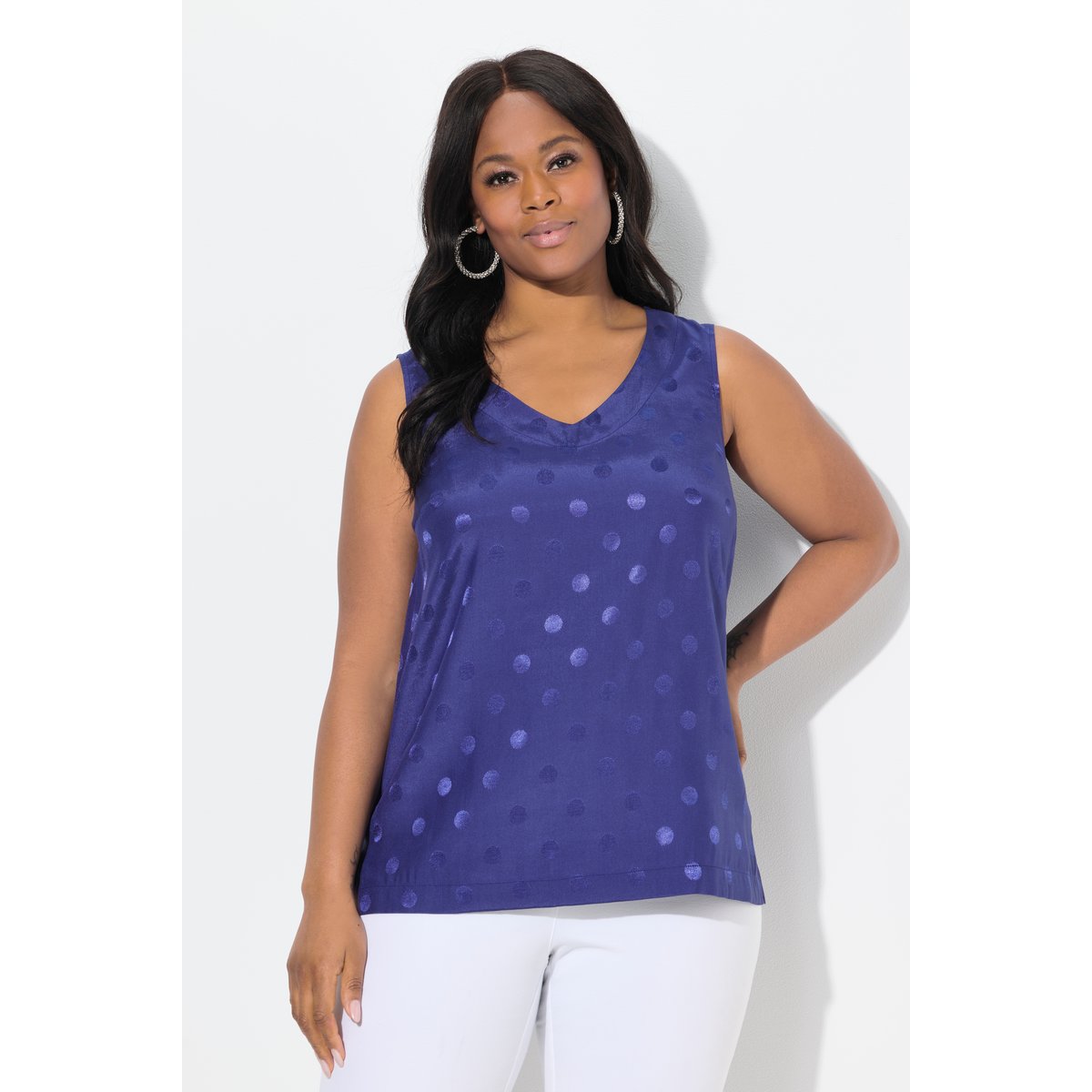 Blouse à pois jacquard avec encolure en V. bleu encre, ULLA POPKEN