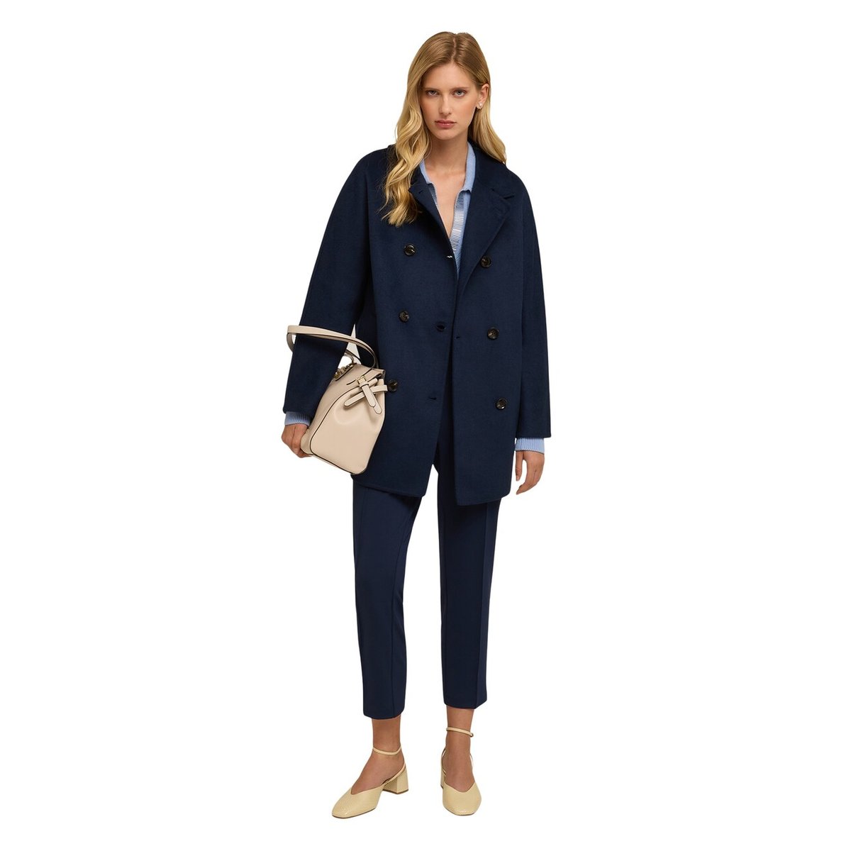 Manteau croisé en tissu mélangé de laine bleu, MOTIVI