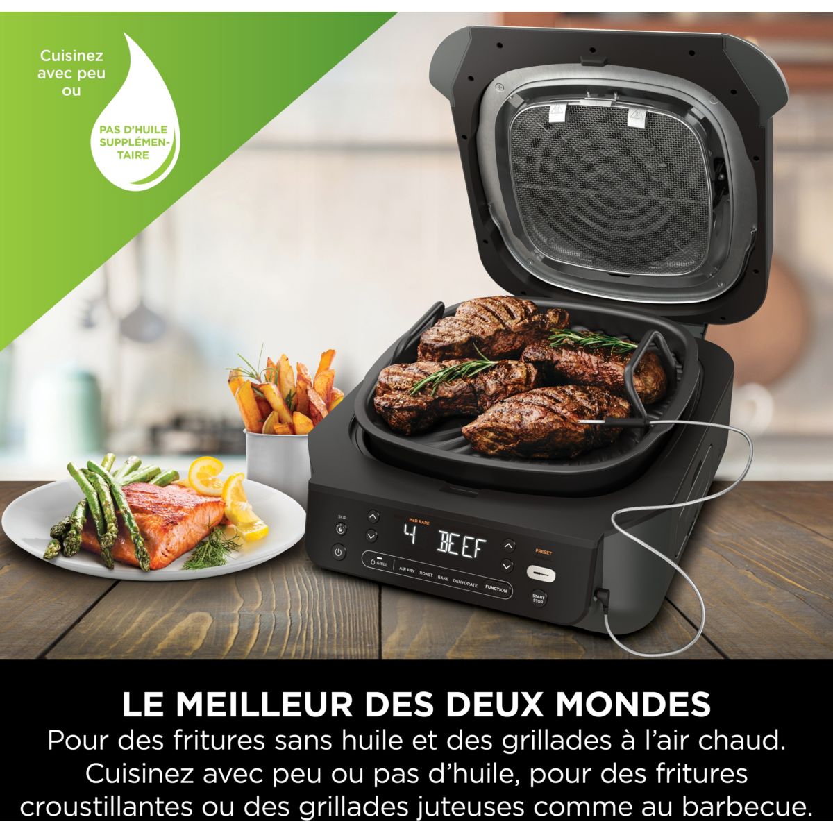 Grille-viande Foodi Air Grill EG351 gris thermosonde à poser, 25.5x24.5 cm couleur unique, NINJA