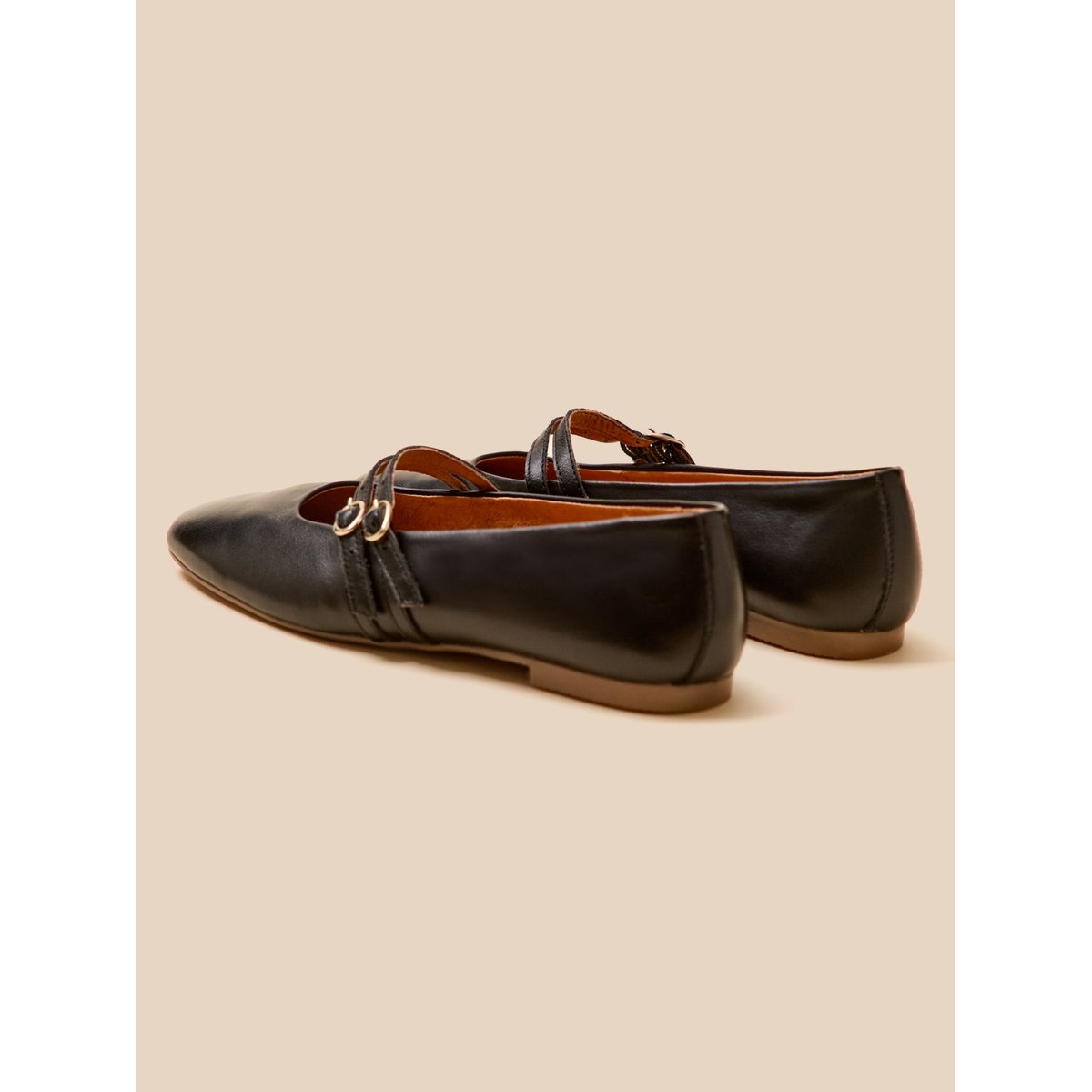 Ballerines 2 brides cuir noir, CYRILLUS