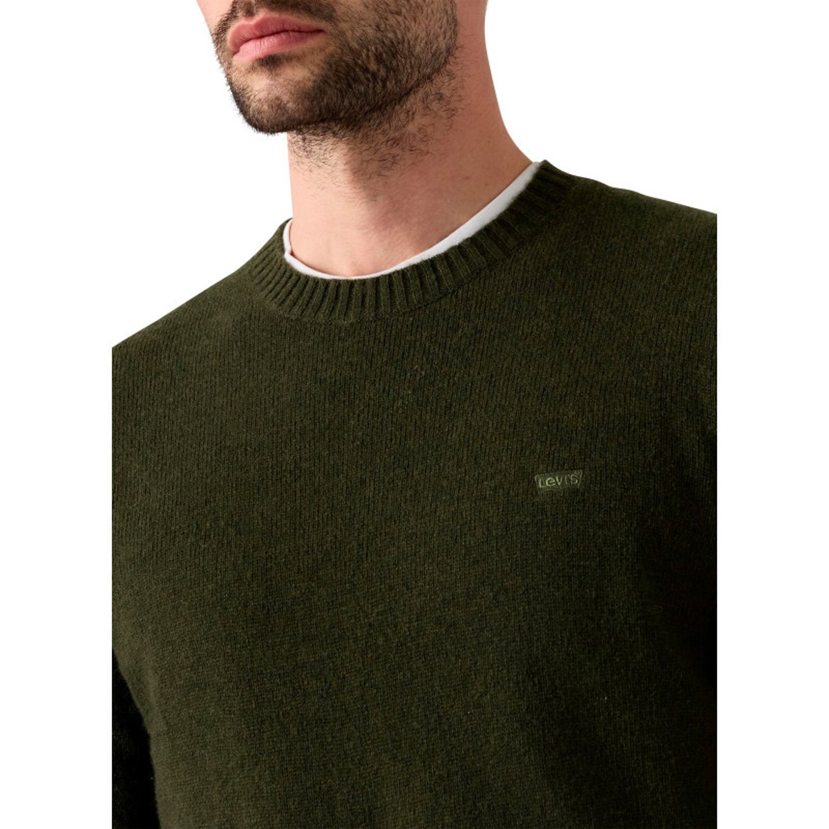 Pull en laine mélangée kaki à coupe ajustée pourvu d'un col rond vert, LEVI'S