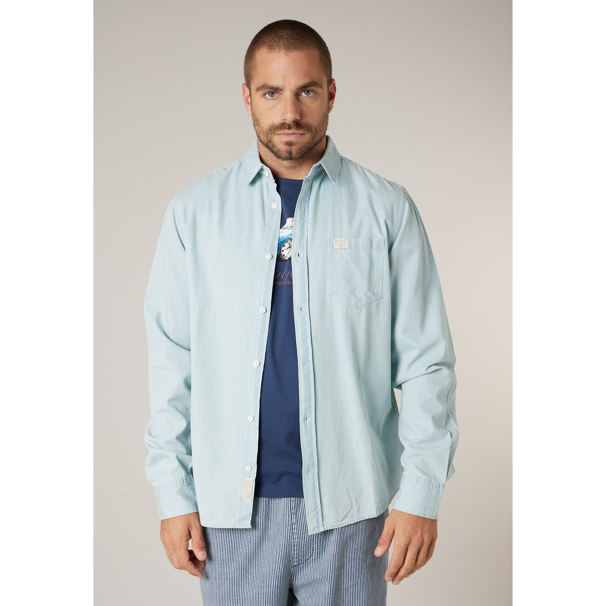 Chemise homme en coton chambray délavé clair MATCHY light blue, DEELUXE